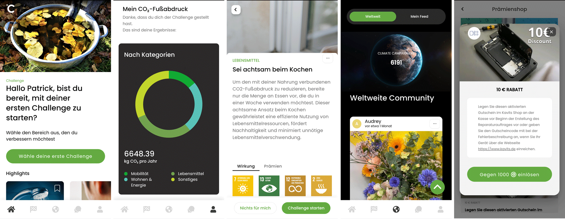 Verschiedene Screens und Funktionen der App CLIMATE CAMPAIGNERS