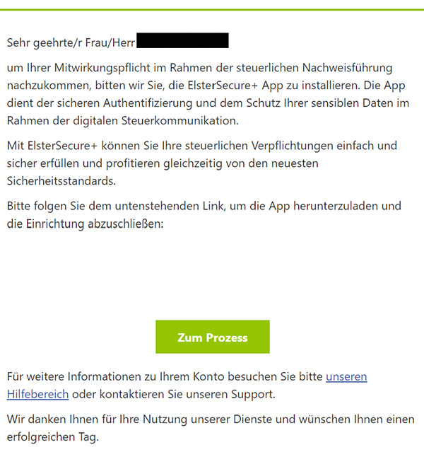 Screenshot einer Phishing-Mail, die zum Download einer App namens "ElsterSecure+" auffordert.